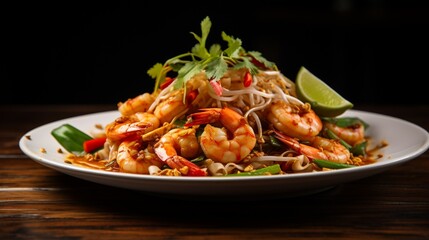 A detailed shot of Pad Thai noodles, the shrimp arranged meticulously, with every element of the dish showcased in high definition.