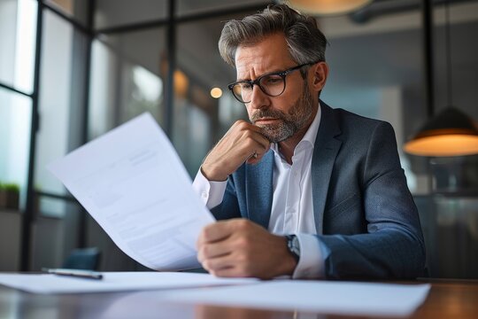 Doubtful serious busy mid aged mature professional business man ceo manager executive holding corporate financial documents reading paper letter sitting at desk in office feeling doubt, Generative AI