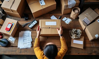 Above table top view of female warehouse worker or seller packing ecommerce shipping order box for dispatching, preparing post courier delivery package, dropshipping shipment service, Generative AI - obrazy, fototapety, plakaty