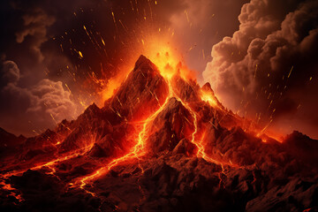 Vulcan eruption destruction of mountain lava crater in the rock  - obrazy, fototapety, plakaty
