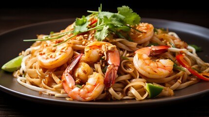 A detailed shot of Pad Thai noodles and shrimp, with the focus on the texture and lusciousness of the savory sauce.