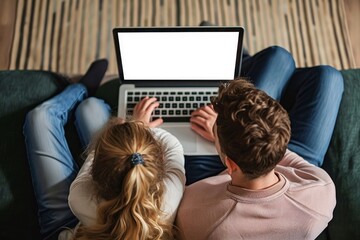 Happy family parents and kid child daughter using laptop computer mock up white screen sitting on couch at home doing ecommerce shopping online together. Over shoulder top, Generative AI
