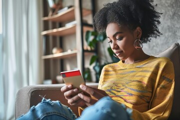 Young adult African American female consumer holding credit card and sitting on floor at home doing online banking transaction. E commerce virtual shopping, secure mobile banking, Generative AI