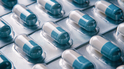 Close-up of light blue and white antibiotic capsules in a blister pack. - obrazy, fototapety, plakaty