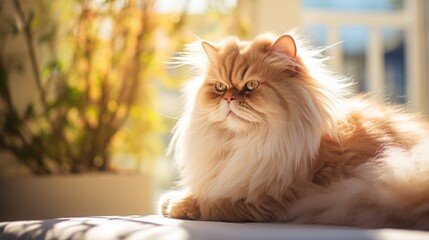 
Elegant scenes of a Persian cat during a grooming session, highlighting the luxurious coat and regal demeanor of the breed, 