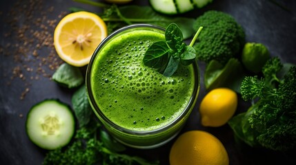 High-angle view of a green detox smoothie with kale, spinach, and cucumber