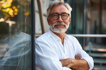 Confident happy mature older business man leader, smiling middle aged senior old professional businessman wearing white shirt glasses crossed arms looking at camera standing outside, Generative AI
