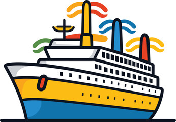 Colorful cruise ship with smoke stacks on clear background. Cartoon style ocean liner illustration. Seaside travel and maritime transport vector illustration.