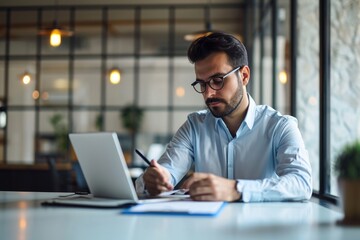 Fototapeta premium Busy young latin businessman working in office using laptop checking documents. Serious professional businessman hr manager a accounting report doing project overview. Copy space, Generative AI