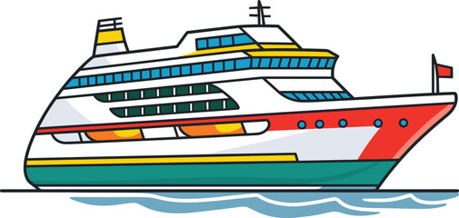 Cruise ship sailing on water, colorful modern vessel at sea. Ocean liner travel and maritime transport vector illustration.