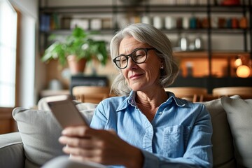 Relaxed mature old 60s woman, older middle aged female customer holding smartphone using mobile app, texting message, search ecommerce offers on cell phone technology device, Generative AI - obrazy, fototapety, plakaty