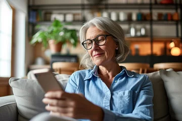 Fotobehang Relaxed mature old 60s woman, older middle aged female customer holding smartphone using mobile app, texting message, search ecommerce offers on cell phone technology device, Generative AI © Lumina Frame