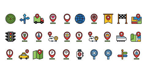 Location icon set with filled style simple, direction, map, maps, pin, location, mark, global