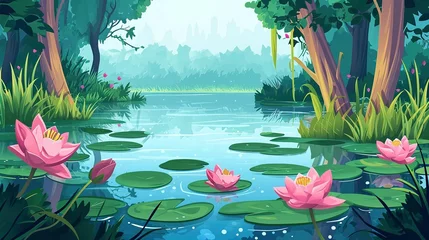 Foto op Canvas Forest summer landscape with water lilies on lake surface. Cartoon vector jungle wetland scenery with green grass and bushes, tree trunks on shore of pond with pink lotus flowers and leaf pad © Jennifer