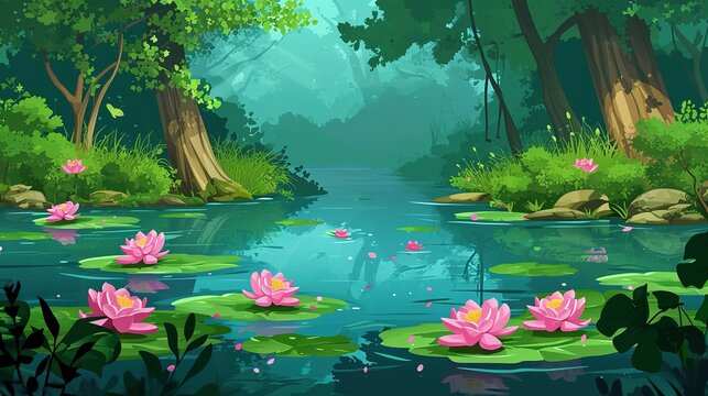 Forest summer landscape with water lilies on lake surface. Cartoon vector jungle wetland scenery with green grass and bushes, tree trunks on shore of pond with pink lotus flowers and leaf pad