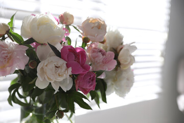 Closeup view of beautiful peonies near window indoors