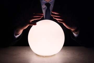 Businessman using glowing crystal ball to predict future at table in darkness, closeup. Fortune...