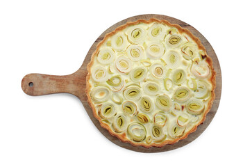 Freshly baked leek pie isolated on white, top view