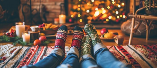 Three pairs of feet of a family sitting on the floor during a cozy December feast.