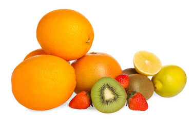 Allergenic food. Different fresh fruits and berries isolated on white