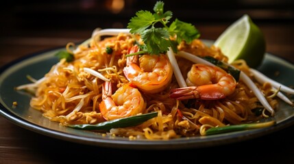 A macro shot capturing the intricate details of Pad Thai noodles, showcasing their texture and the glistening surface of the shrimp.