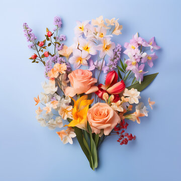Creative concept of fresh spring flowers on pastel blue background. Beautiful bouquet of flowers. Top view, flat lay.	
