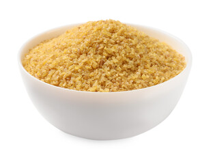 Bowl of raw bulgur isolated on white
