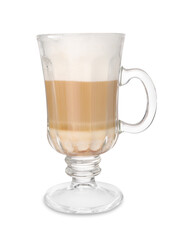 Aromatic latte macchiato in glass cup isolated on white