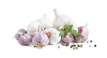 Fresh garlic heads and spices isolated on white
