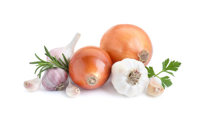 Fresh garlic, onions and greens isolated on white