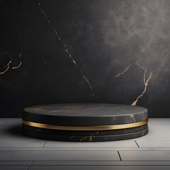 Simplicity and Minimalism: Creative black marble product podium with golden accents - platform mockup.
