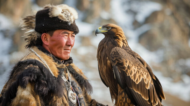 Mongolian eagle hunter standing with his bird against blue sunny sky and distant snowy mountains