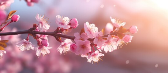 Pink cherry blossoms in spring at sunrise