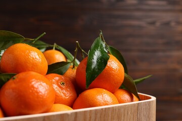 Fresh tangerines with green leaves in wooden crate, closeup. Space for text