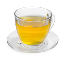 Fresh green tea in glass cup and saucer isolated on white