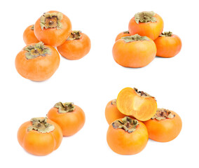Fresh persimmon fruits isolated on white, collection