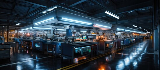Fototapeta premium interior and equipment of production hall, modern industrial factory for production of electronic components