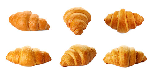 Fresh golden croissants isolated on white, set