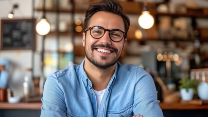 Smiling man with glasses in a cafe environment - obrazy, fototapety, plakaty