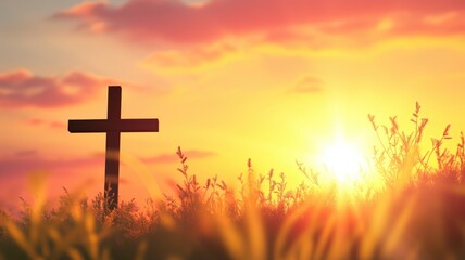 Wooden cross at sunrise in a golden field