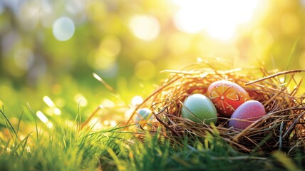 Obraz premium Colorful Easter eggs nestled in a straw nest on a sunny field