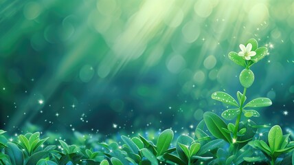 Fototapeta na wymiar Magical greenery with sparkling dew and light rays