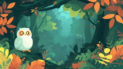 White owl in a lush green forest