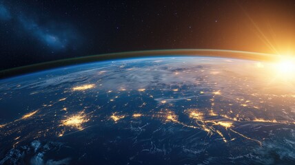 Earth from space at sunrise, continents illuminated