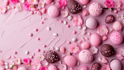 Assortment of pink Easter eggs and flowers on a textured background