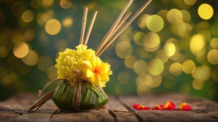 Traditional floral arrangement and incense on a wooden surface