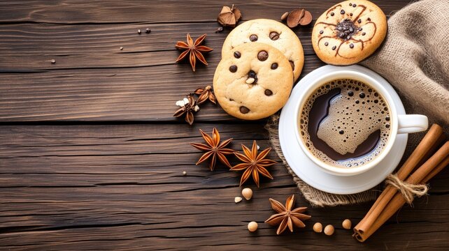 Coffee and cookies on a wooden table
