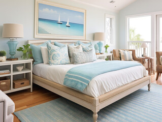 A serene coastal-themed bedroom with a nautical color scheme, featuring shades of blue and white.