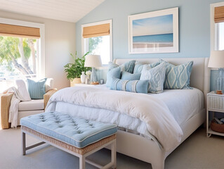 A coastal-themed bedroom with a nautical color scheme, featuring shades of blue and white.