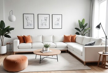 American style colorful living room interior design with nobody. White sofa, orange pillows, a canvas, wooden table, orange bean bag. Generative AI